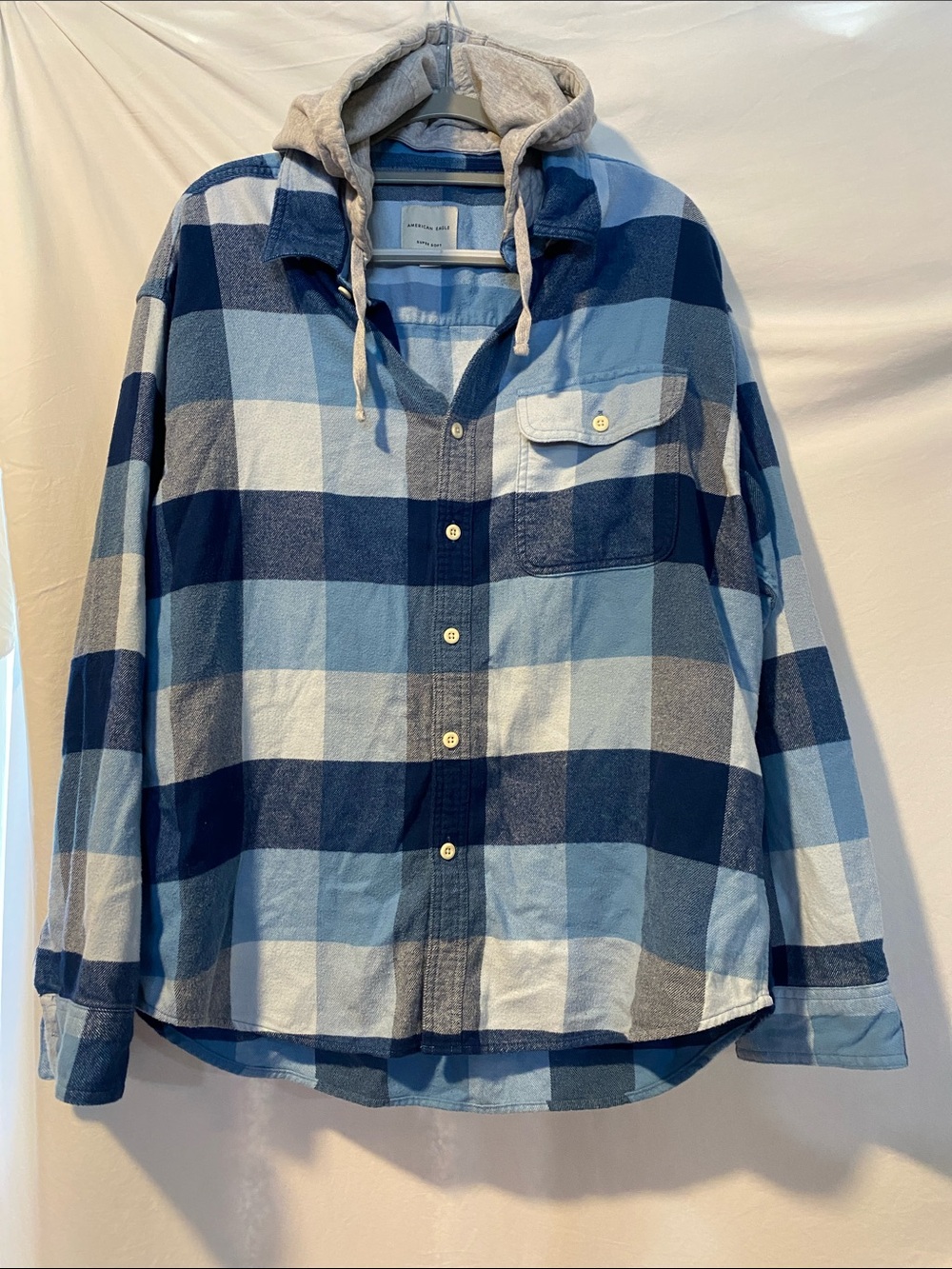 American Eagle Outfitters Blue Plaid Hooded Flannel Shirt